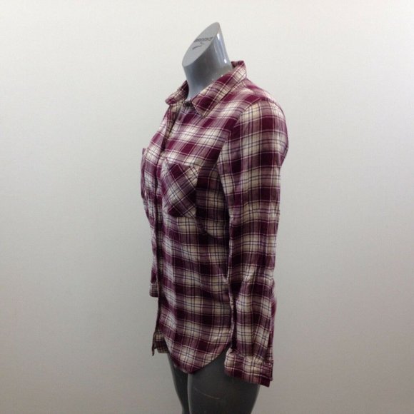 Garage Tunic Fit Button Up Shirt Women's Size Small Burgundy Beige Plaid - Picture 4 of 6
